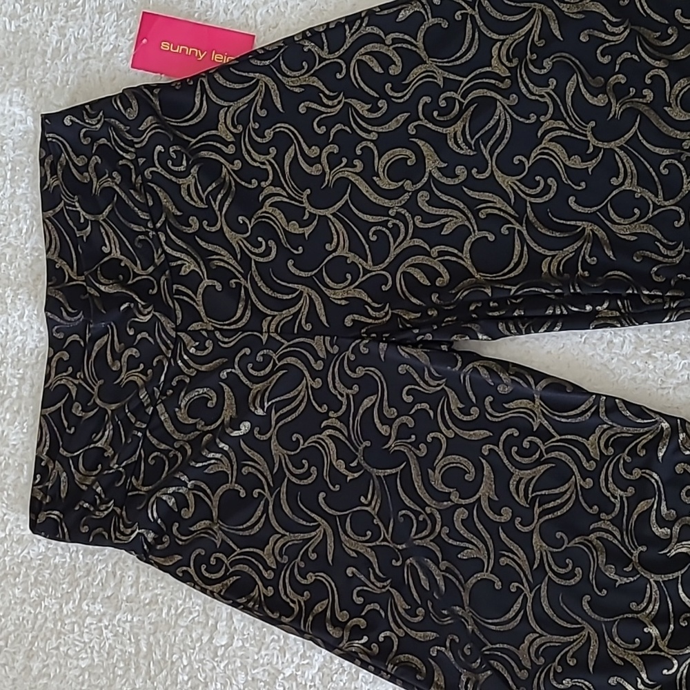 NEW Palazzo Pants Slinky Wide Leg Dressy Black Gold Foil Sunny Leigh Women's Lrg